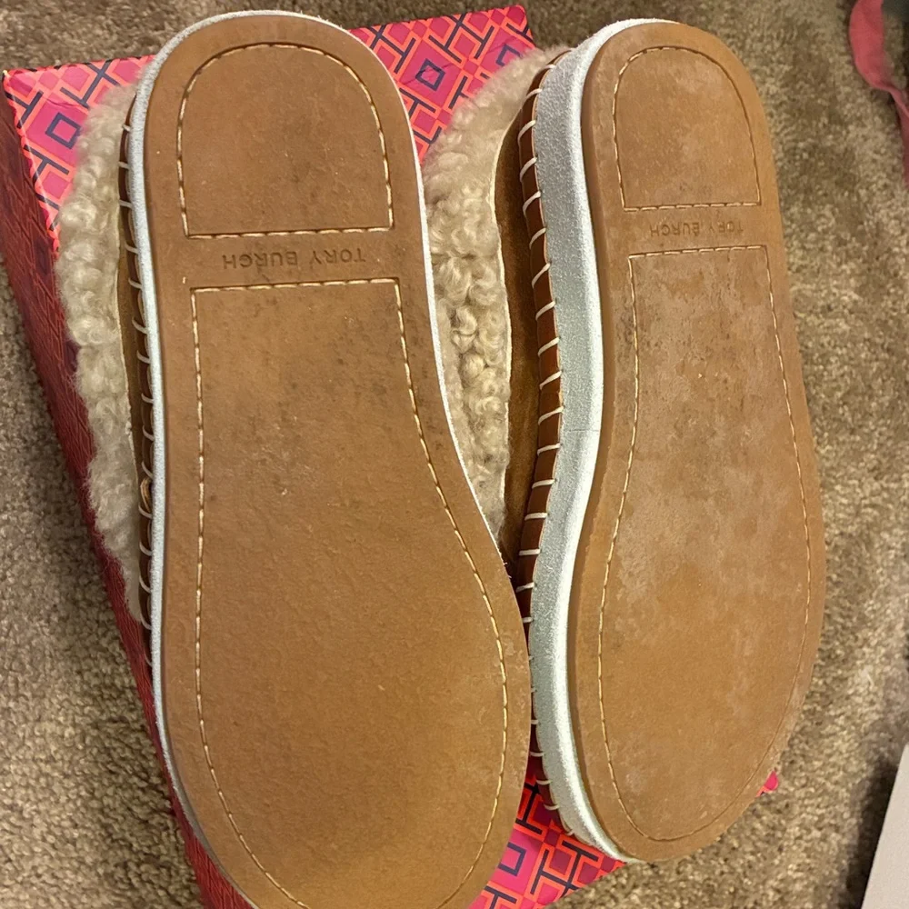 Tory Burch Suede Moccasin Slippers in Toasted Caramel with Cream Shearling